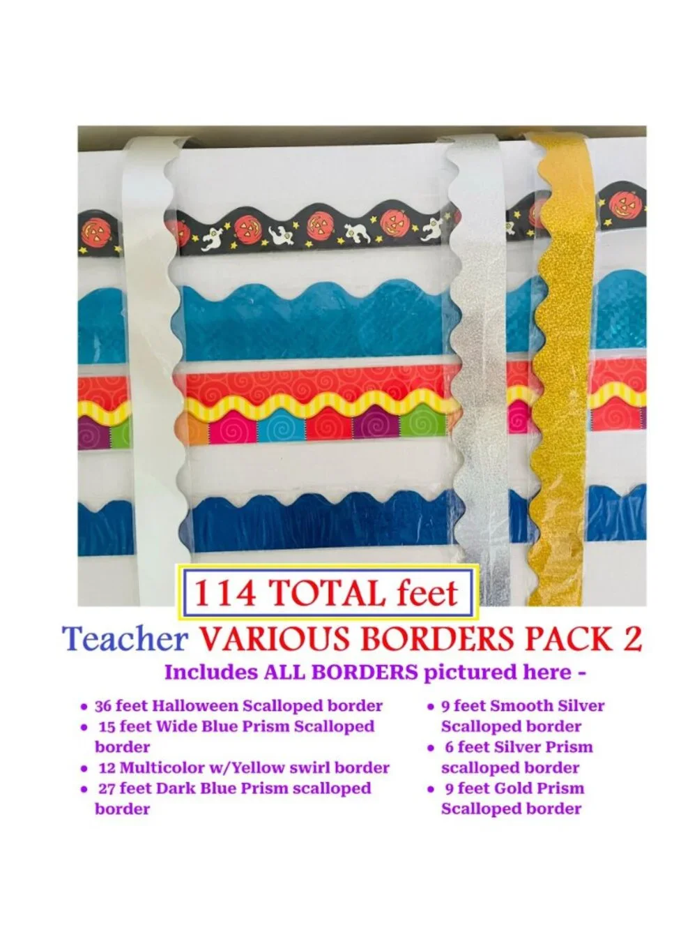 Teacher Bulletin Board Borders Pack 114 Ft Scalloped Straight Edge Borders New